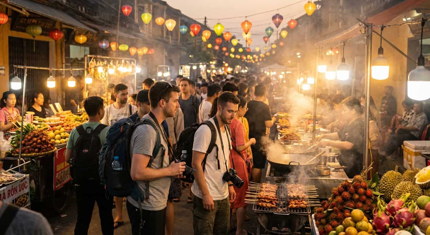 Southeast Asian night market with backpackers exploring food stalls