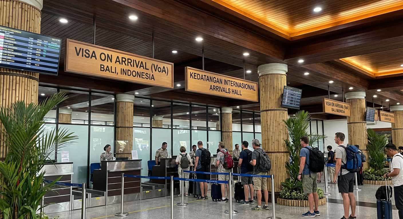 Digital nomad working from a Bali cafe surrounded by tropical plants and rice fields