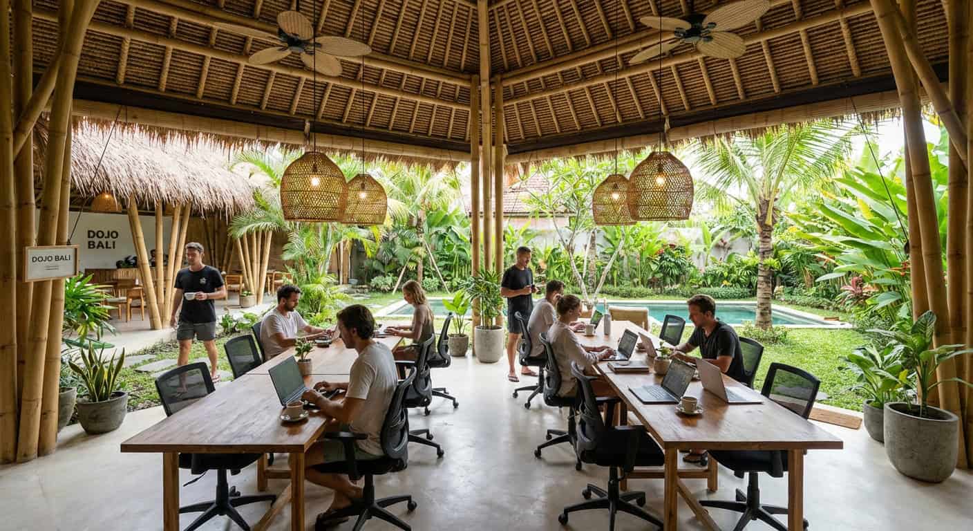 Bali immigration office entrance with travelers waiting in line for visa processing