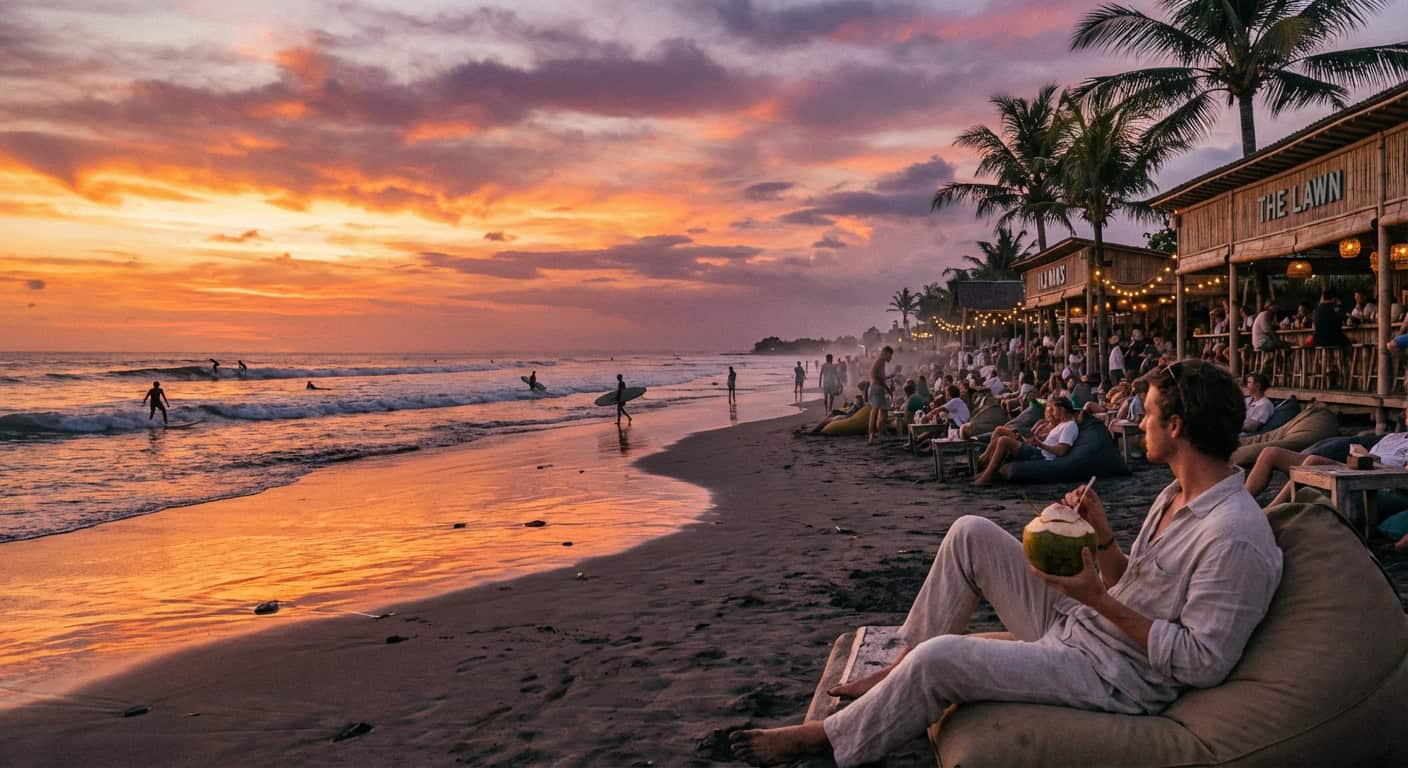 Airplane view approaching Bali with the island's coastline and green mountains visible