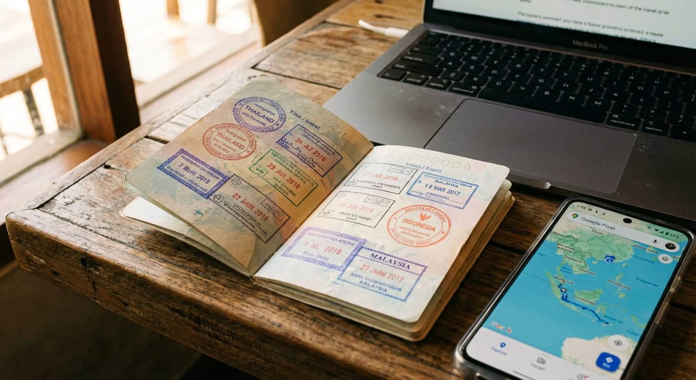 Digital nomad working from a tropical cafe in Southeast Asia with laptop and coffee