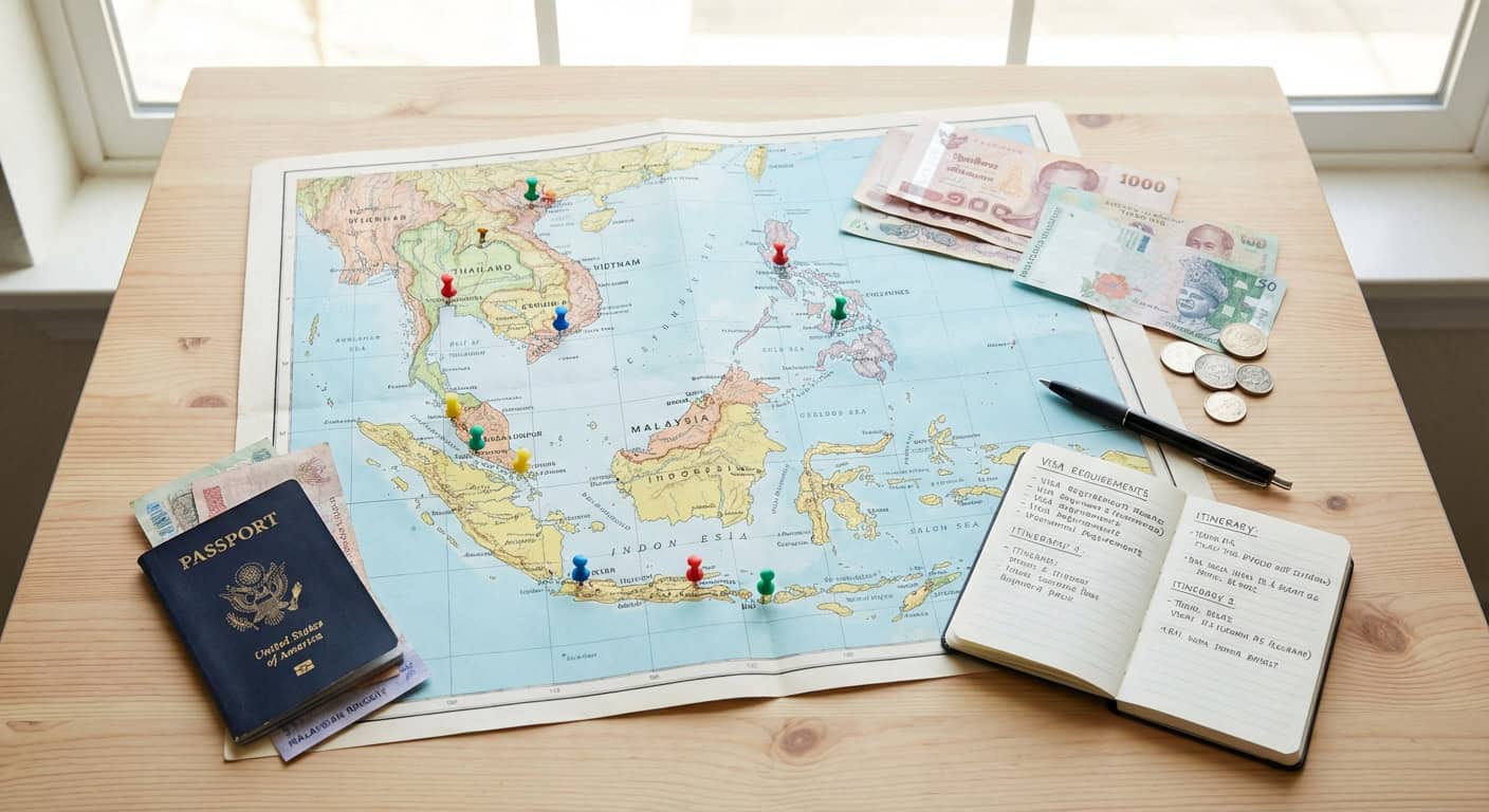 Traveler with backpack at a Southeast Asian border crossing checkpoint