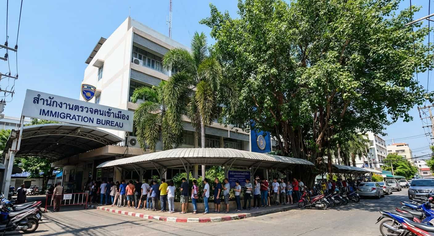 Golden temple spires in Bangkok against a blue sky with palm trees
