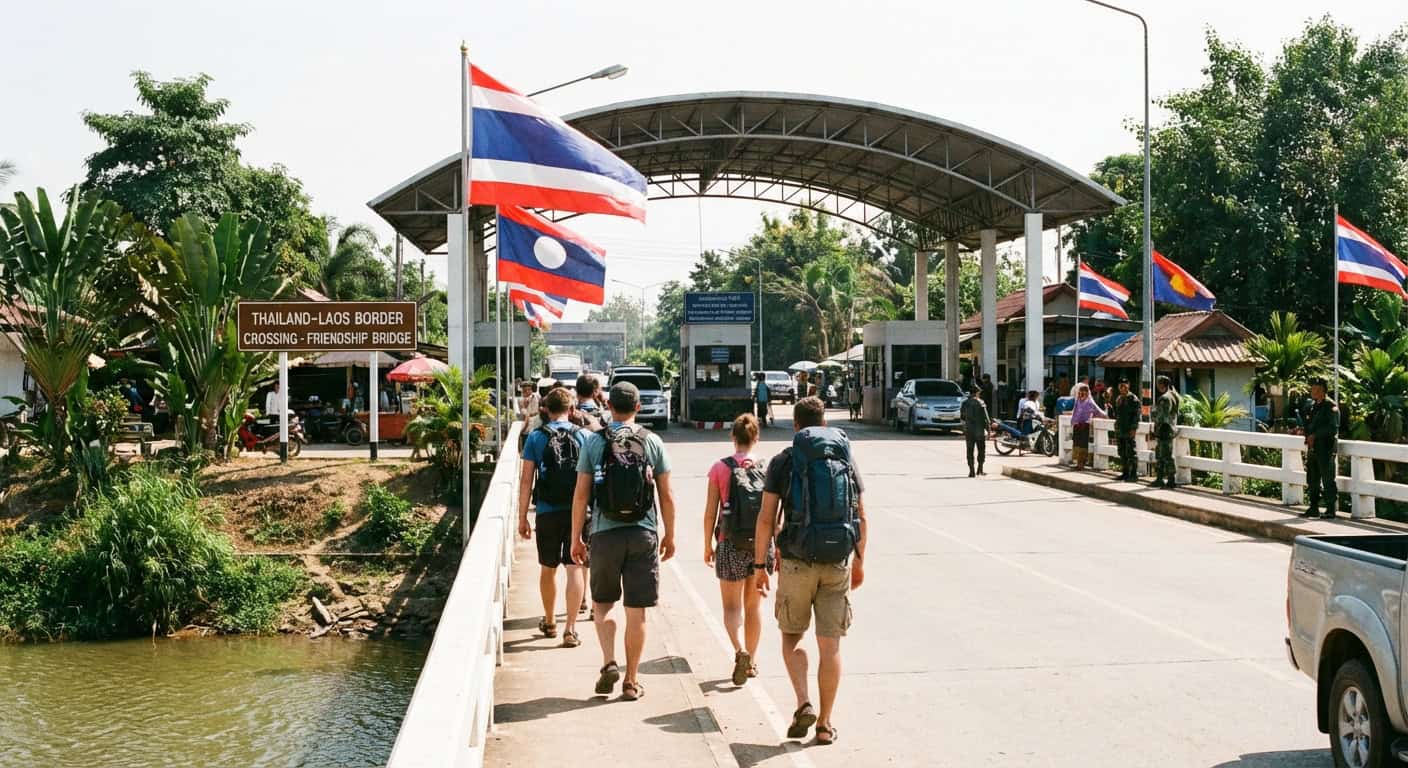 Busy night market street in Chiang Mai with food stalls and lanterns