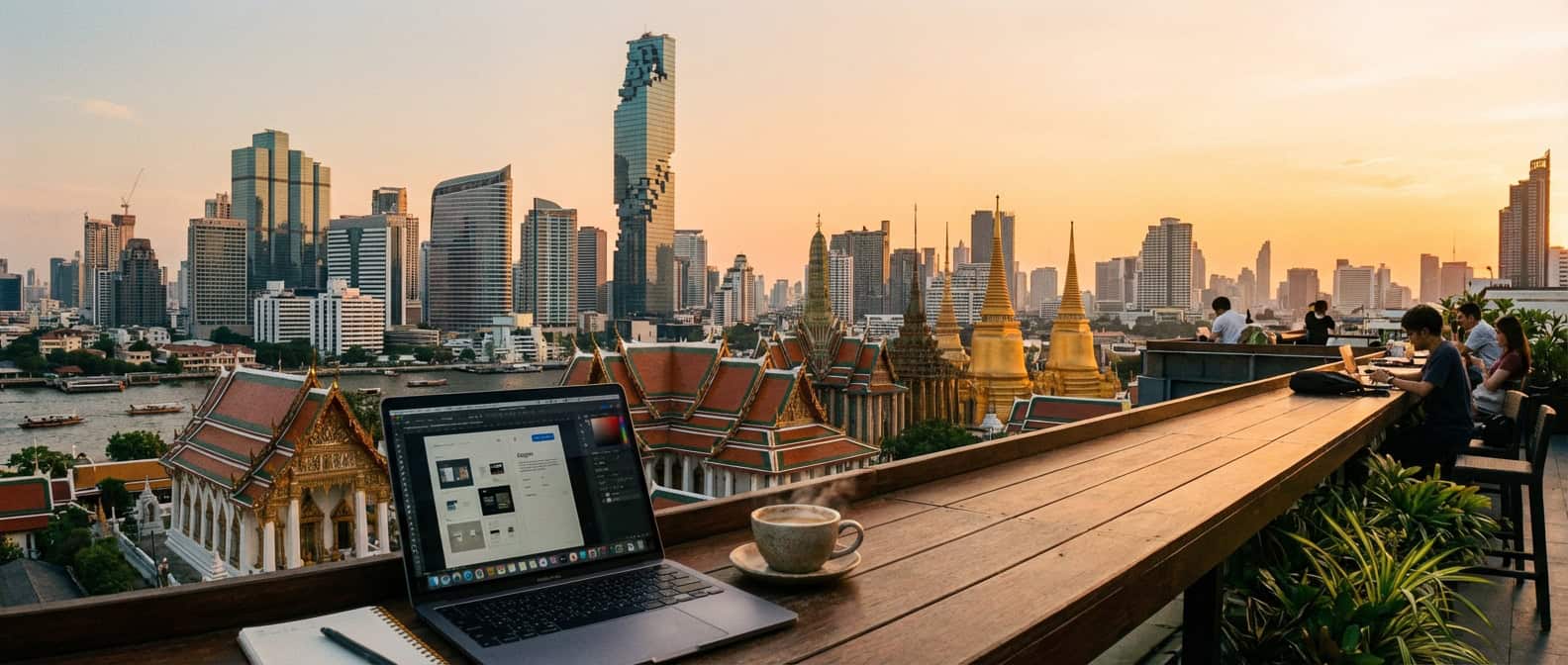 Mountain view from a Chiang Mai coworking space with misty green hills in background