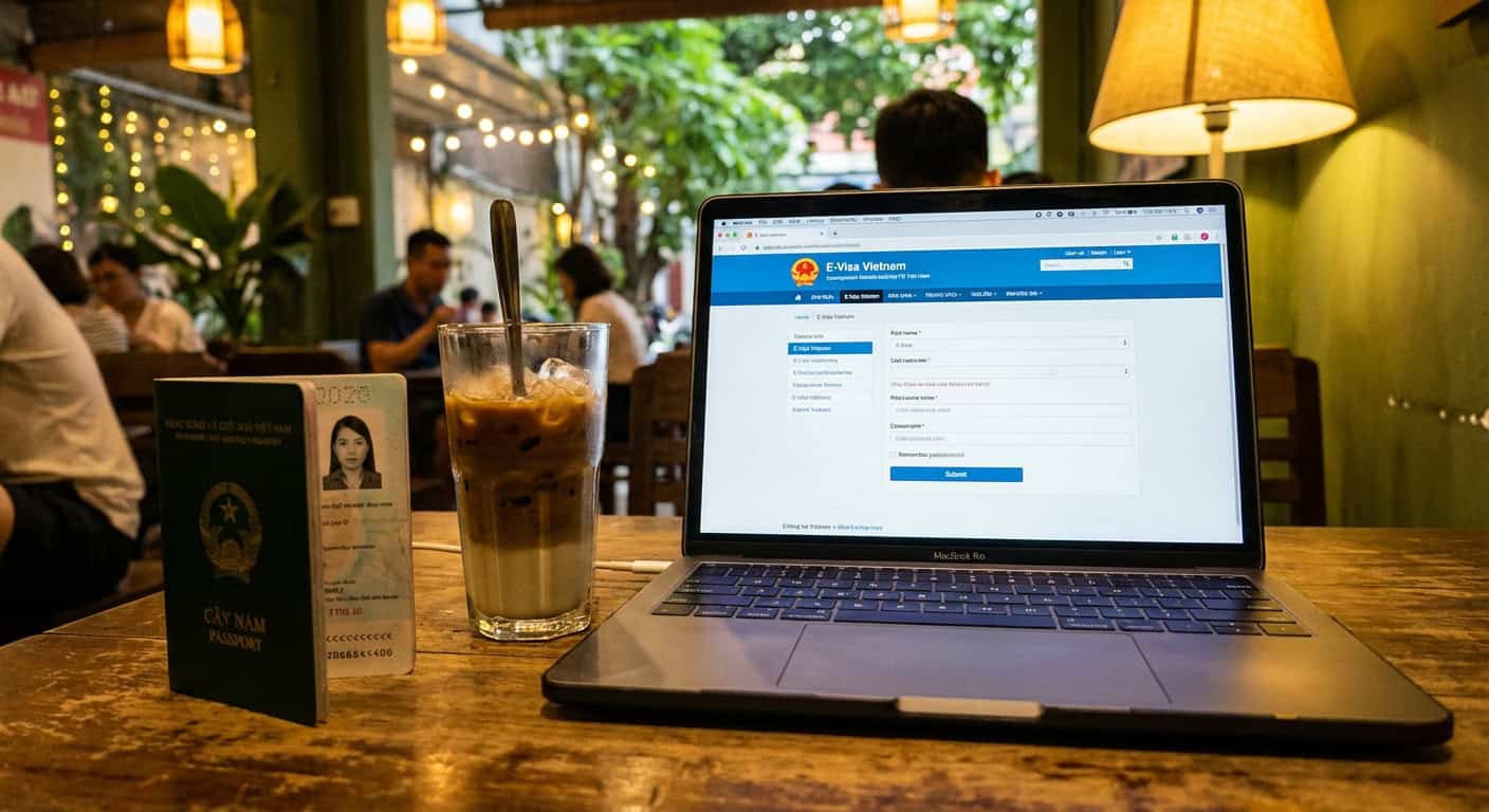 Digital nomad working from a cafe in Vietnam with a view of the street and motorbikes