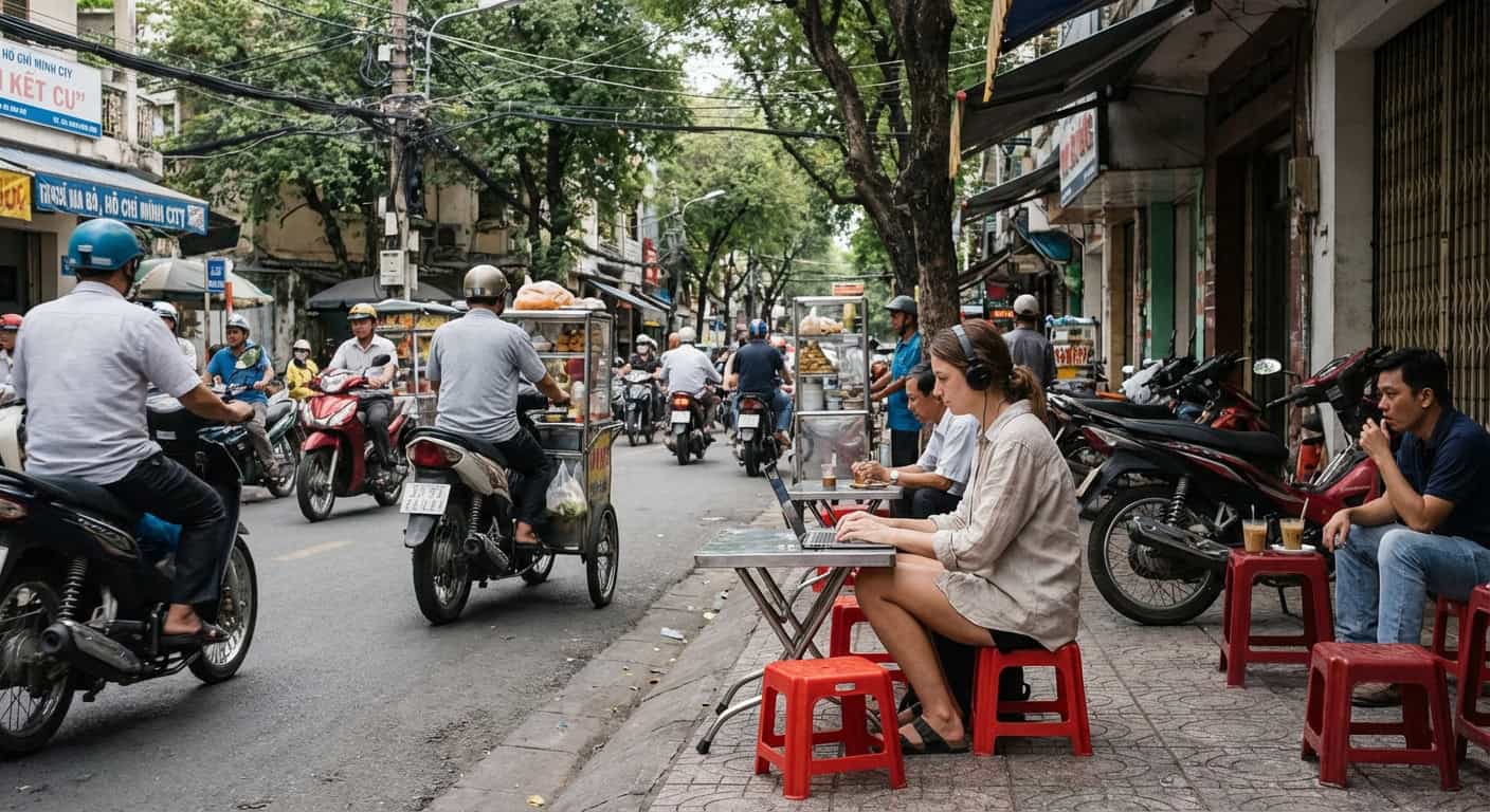 Vietnam border crossing checkpoint with travelers and motorbikes waiting in line