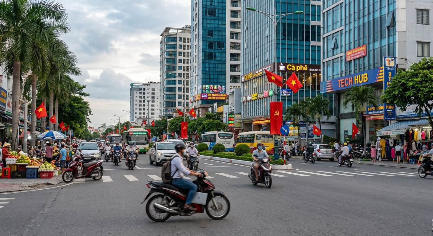 The official Vietnam e-visa website displayed on a laptop screen in a Vietnamese cafe