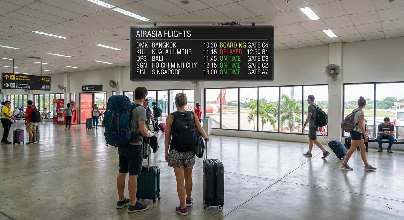 Digital nomad with backpack at a Southeast Asian border crossing checkpoint