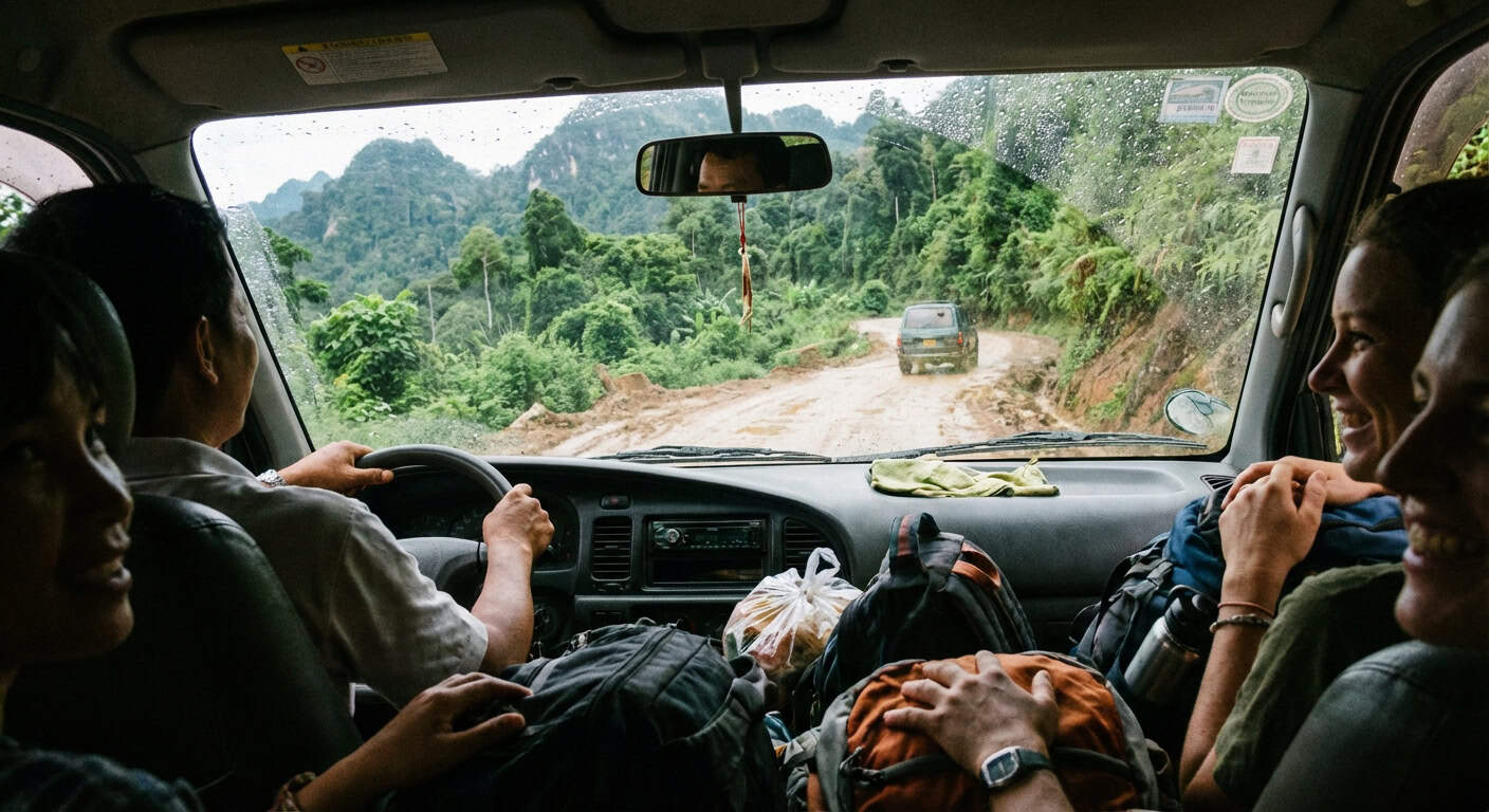 Busy Thai-Cambodian border crossing at Poi Pet with travelers and immigration buildings