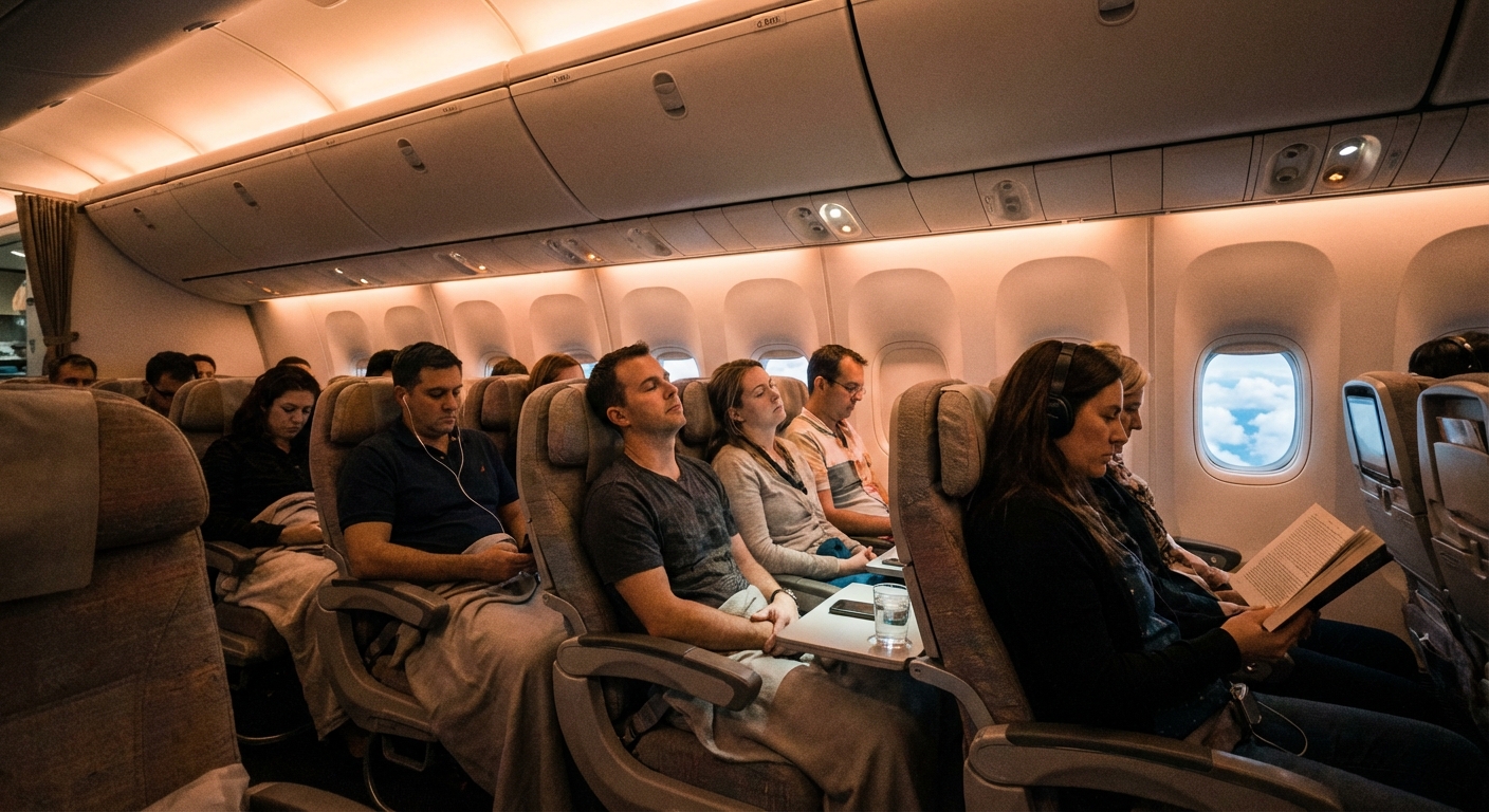 Passengers settled in airplane cabin on rerouted flight