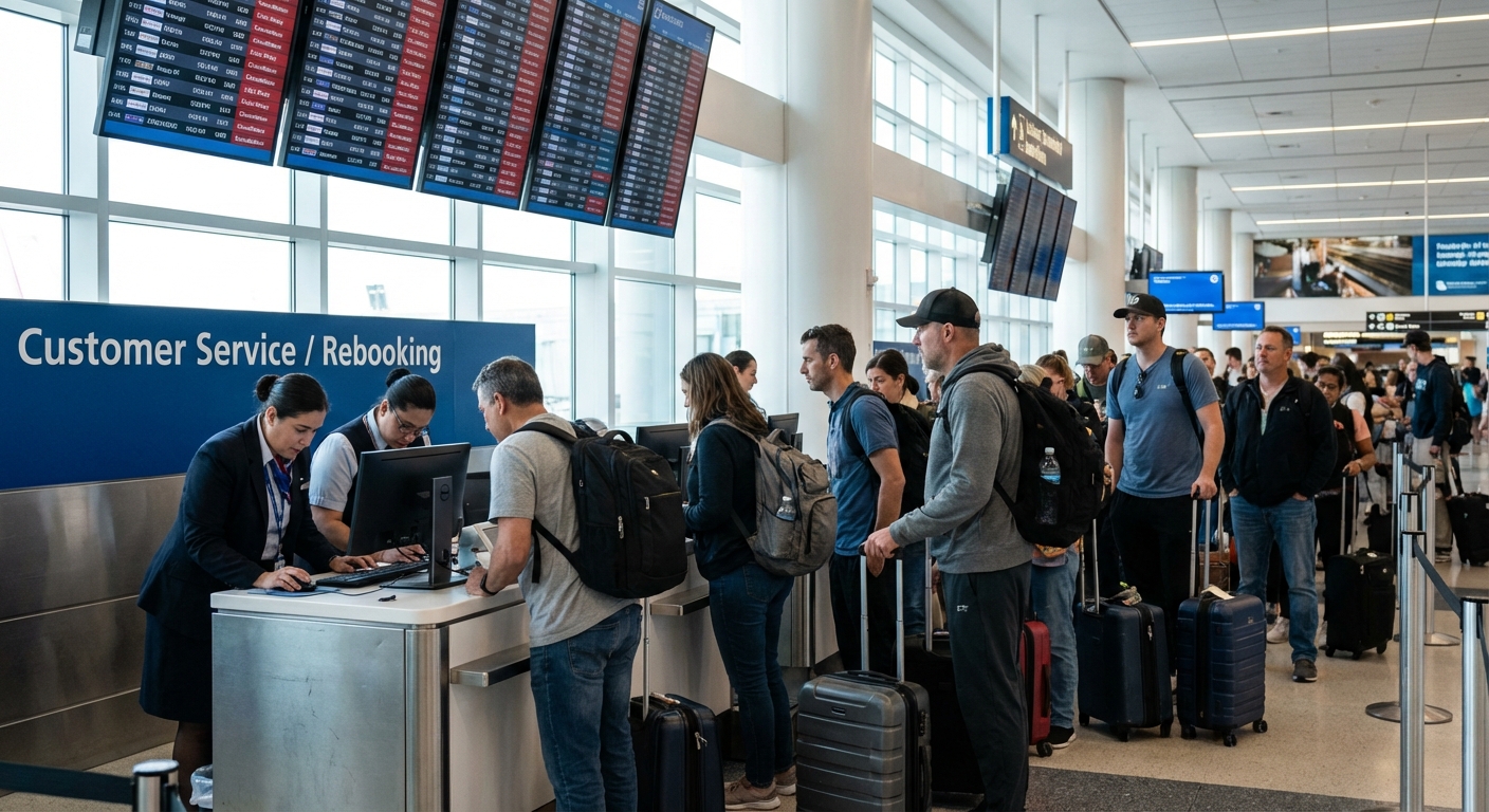 Travelers waiting at airline rebooking counter