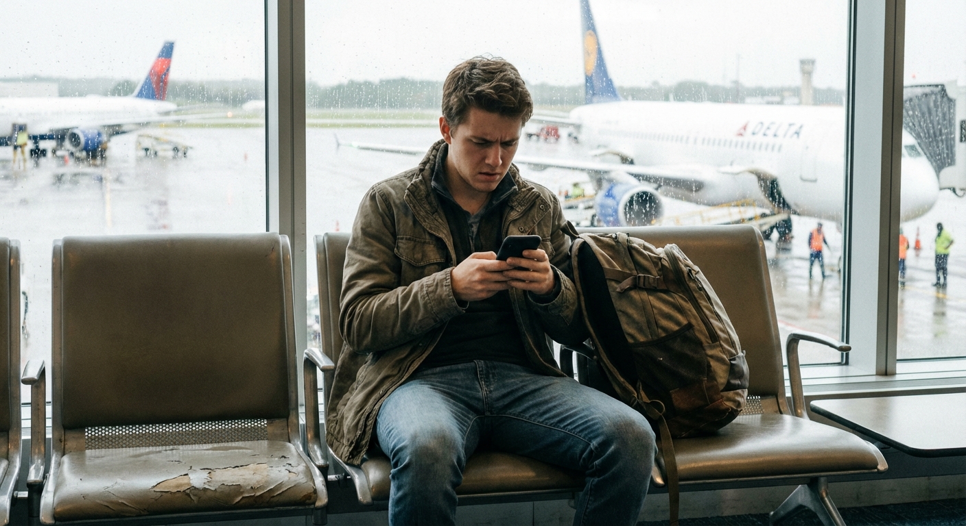 Traveler checking phone for Qatar Airways flight cancellation updates at the airport