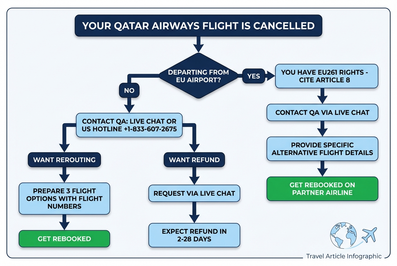 Flowchart showing what to do when your Qatar Airways flight is cancelled — decision tree for EU and non-EU passengers