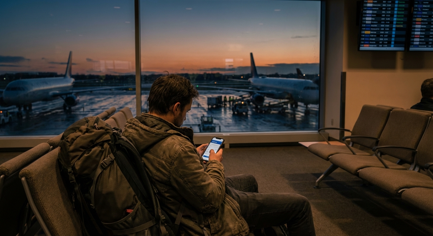 Solo traveler booking alternative flights at airport gate